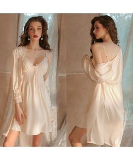 2023 New Arrival Breast Pad Nightgown Set - Ice and Snow Silk Satin Sexy Robe for Women