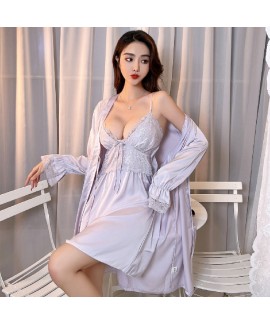 2023 New Arrival Breast Pad Nightgown Set - Ice and Snow Silk Satin Sexy Robe for Women