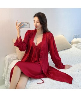 2023 New Arrival Breast Pad Nightgown Set - Ice and Snow Silk Satin Sexy Robe for Women