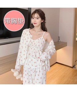 Cotton Spring Autumn Women's Long-Sleeved Pajamas Sexy Strap Bra Padded Cute Home Clothes Three-Piece Suit