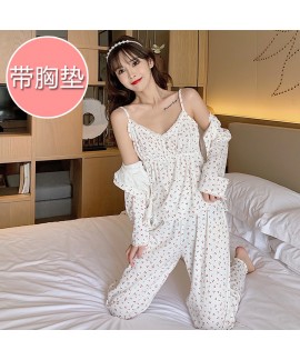 Cotton Spring Autumn Women's Long-Sleeved Pajamas Sexy Strap Bra Padded Cute Home Clothes Three-Piece Suit