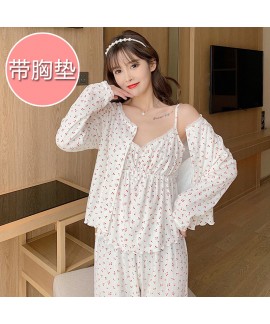 Cotton Spring Autumn Women's Long-Sleeved Pajamas Sexy Strap Bra Padded Cute Home Clothes Three-Piece Suit