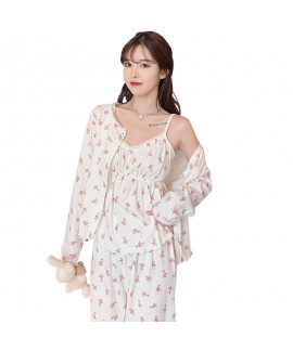 Cotton Spring Autumn Women's Long-Sleeved Pajamas Sexy Strap Bra Padded Cute Home Clothes Three-Piece Suit