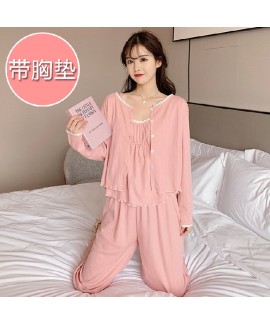 Cotton Spring Autumn Women's Long-Sleeved Pajamas Sexy Strap Bra Padded Cute Home Clothes Three-Piece Suit