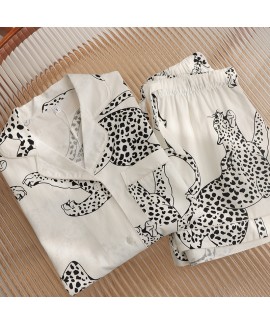 Personalized Leopard Print Women's Short-sleeved Shorts Set Breathable Cotton + Rayon Homewear Can Be Worn Outside Pajamas and Pajamas Summer