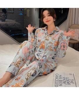 2023 New Spring Summer Women's Cute Cat Ice Silk Long Sleeve Pajama Set with Silk Home Wear