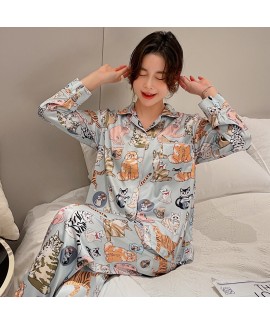 2023 New Spring Summer Women's Cute Cat Ice Silk Long Sleeve Pajama Set with Silk Home Wear