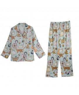 2023 New Spring Summer Women's Cute Cat Ice Silk Long Sleeve Pajama Set with Silk Home Wear