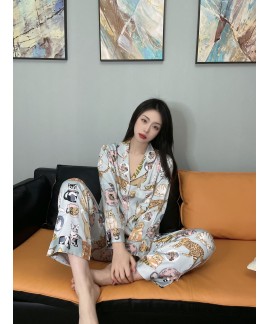 2023 New Spring Summer Women's Cute Cat Ice Silk Long Sleeve Pajama Set with Silk Home Wear