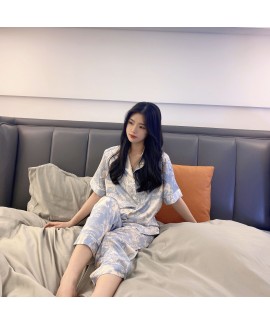 2023 New Summer Women's Short Sleeve Ice Blue Ice Pajama Set with Loose Fit Home Wear