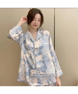 2023 New Summer Women's Short Sleeve Ice Blue Ice Pajama Set with Loose Fit Home Wear