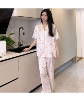 2023 New Summer Women's Three-piece Ice Silk Thin Pajama Set with Cute Lace Trim Home Wear