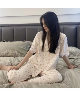 2023 New Summer Women's Four-piece Ice Silk Thin Short Sleeve Pajama Set with Cute Lace Trim