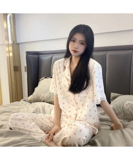 2023 New Summer Women's Four-piece Ice Silk Thin Short Sleeve Pajama Set with Cute Lace Trim