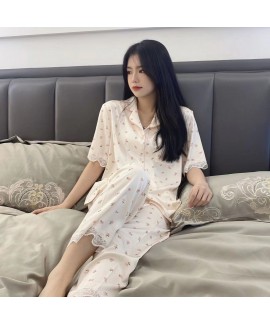 2023 New Summer Women's Four-piece Ice Silk Thin Short Sleeve Pajama Set with Cute Lace Trim