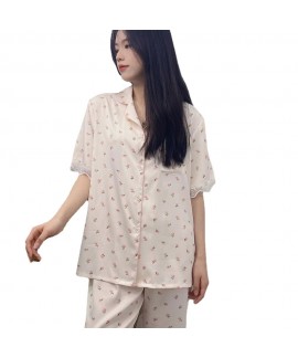 2023 New Summer Women's Four-piece Ice Silk Thin Short Sleeve Pajama Set with Cute Lace Trim