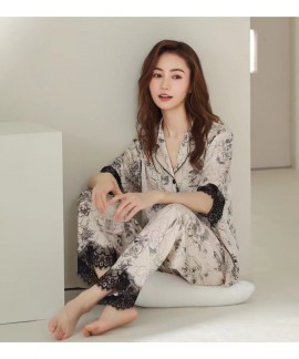 2023 Best-Selling Ice Silk Pajama Set with Ink Painting Lace Trim Home Wear for Summer