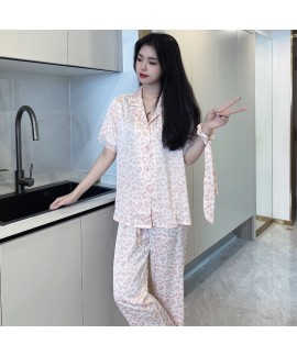 Women's Five-piece Ice Silk Pajama Set with Pink Leopard Lace Trim for Summer Home Wear