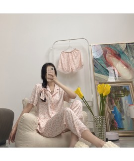 Women's Five-piece Ice Silk Pajama Set with Pink Leopard Lace Trim for Summer Home Wear