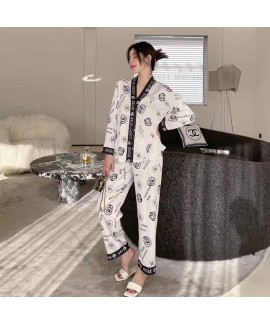 2023 Spring Women's Ice Silk Pajama Set with White Cherry Blossom Print Home Wear