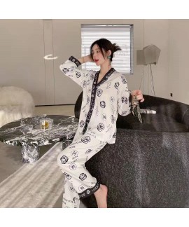 2023 Spring Women's Ice Silk Pajama Set with White Cherry Blossom Print Home Wear
