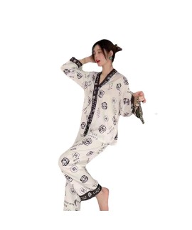 2023 Spring Women's Ice Silk Pajama Set with White Cherry Blossom Print Home Wear