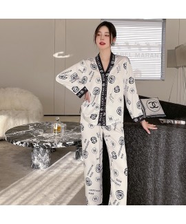 2023 Spring Women's Ice Silk Pajama Set with White Cherry Blossom Print Home Wear