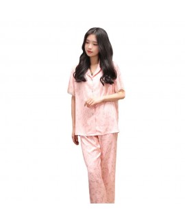 2023 New Summer Women's Ice Silk Short Sleeve Pink Girl Pajama Set with Silk Home Wear