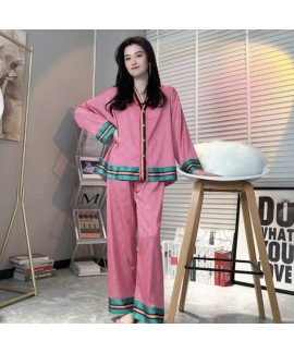 2023 New Arrival Women's Summer Ice Silk Pajama Set in Pink and Green Stripes for Home Wear