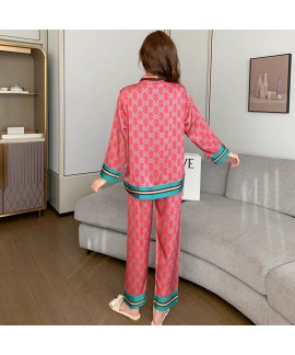 2023 New Arrival Women's Summer Ice Silk Pajama Set in Pink and Green Stripes for Home Wear