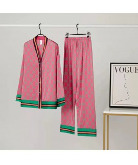 2023 New Arrival Women's Summer Ice Silk Pajama Set in Pink and Green Stripes for Home Wear