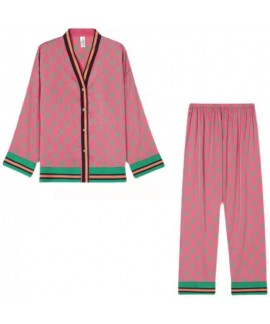 2023 New Arrival Women's Summer Ice Silk Pajama Set in Pink and Green Stripes for Home Wear