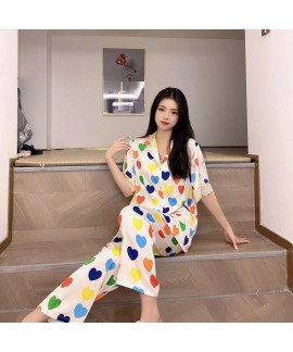 Spring Summer New Women's Ice Silk Pajama Suit 2023 New Seven-Color Heart Sweet Home Clothes