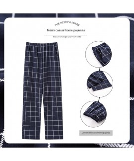 Pure Cotton Men's Sleep Pants, Mosquito Repellent Long Pants, Loose Casual Plaid Can Go Out Home Sport Solid Air Conditioning Single Pants