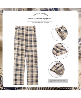 Pure Cotton Men's Sleep Pants, Mosquito Repellent Long Pants, Loose Casual Plaid Can Go Out Home Sport Solid Air Conditioning Single Pants