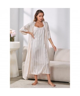 Amazon European and American Strappy Sleepwear for Women, Long Gown Imitation Silk High-end Home Wear Set
