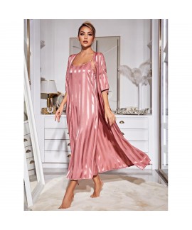 Amazon European and American Strappy Sleepwear for Women, Long Gown Imitation Silk High-end Home Wear Set