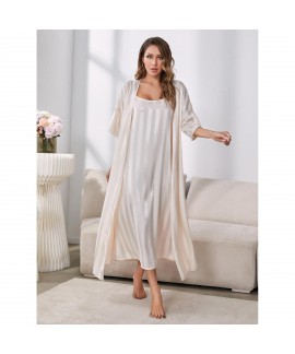 Amazon European and American Strappy Sleepwear for Women, Long Gown Imitation Silk High-end Home Wear Set