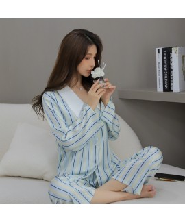 2023 Spring Summer New Arrival Women's Blue Wind Chime Pajama Set in Ice Silk with Long Sleeve and Long Pants for Home Wear