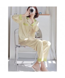 Ice Silk Pajama Set for Women in 2023 Autumn New Arrival with Long Sleeve and Long Pants in Fresh Lattice Pattern for Home Wear