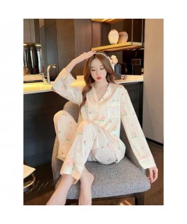 Adorable Women's Pajama Set with Long Sleeve and Long Pants in Thin Ice Silk with Peach Blossom Print for 2023 Autumn New Arrival Home Wear