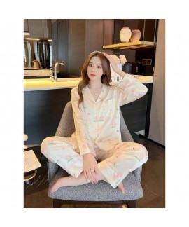 Adorable Women's Pajama Set with Long Sleeve and Long Pants in Thin Ice Silk with Peach Blossom Print for 2023 Autumn New Arrival Home Wear