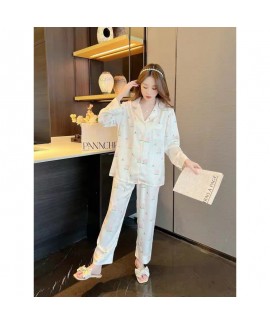 Adorable Women's Pajama Set with Long Sleeve and Long Pants in Thin Ice Silk with Peach Blossom Print for 2023 Autumn New Arrival Home Wear