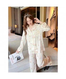 Adorable Women's Pajama Set with Long Sleeve and Long Pants in Thin Ice Silk with Peach Blossom Print for 2023 Autumn New Arrival Home Wear