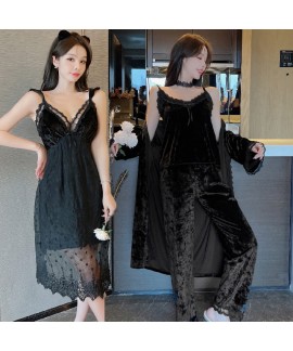 Autumn and Winter Golden Velvet Women's Sleepwear, Three-piece Nightgown Korean Velvet Pajamas Long Pants Four-piece Lace Trim Home Wear