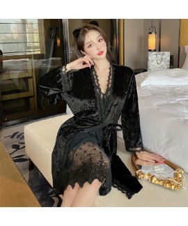 Autumn and Winter Golden Velvet Women's Sleepwear, Three-piece Nightgown Korean Velvet Pajamas Long Pants Four-piece Lace Trim Home Wear