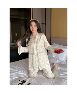 2023 Spring Summer New Arrival Women's Ice Silk Long Sleeve Pajama Set in Blooming Floral with Silk for Home Wear