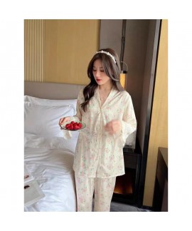 2023 Spring Summer New Arrival Women's Ice Silk Long Sleeve Pajama Set in Blooming Floral with Silk for Home Wear