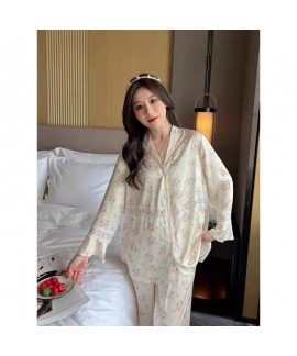 2023 Spring Summer New Arrival Women's Ice Silk Long Sleeve Pajama Set in Blooming Floral with Silk for Home Wear