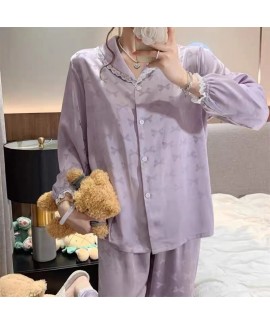 Autumn Winter New Arrival Women's Vintage Palace Style Sleep Set with Lace Flowers and Embroidery in Long Sleeve and Long Pants for Home Wear